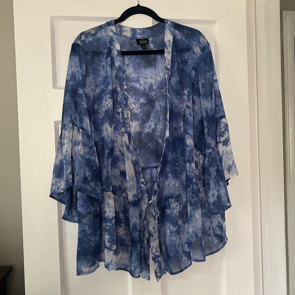 Blue Tie Dye 3/4 Sleeve Tie-Front Blouse Kimono - a.n.a (JCPenney)